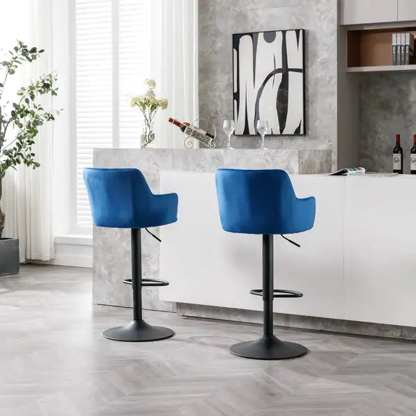 Adjustable Bar Stools Set of 2 with Back & Footrest - Counter Height Bar Chairs for Kitchen, Pub - Blue - Minihomy