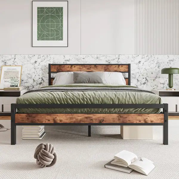 Queen Platform Bed Frame | Rustic Vintage Wood Headboard | Metal Slats Support | No Box Spring Needed