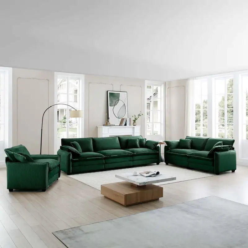 Oversized Green Corduroy Sectional Sofa - 3 Piece Set