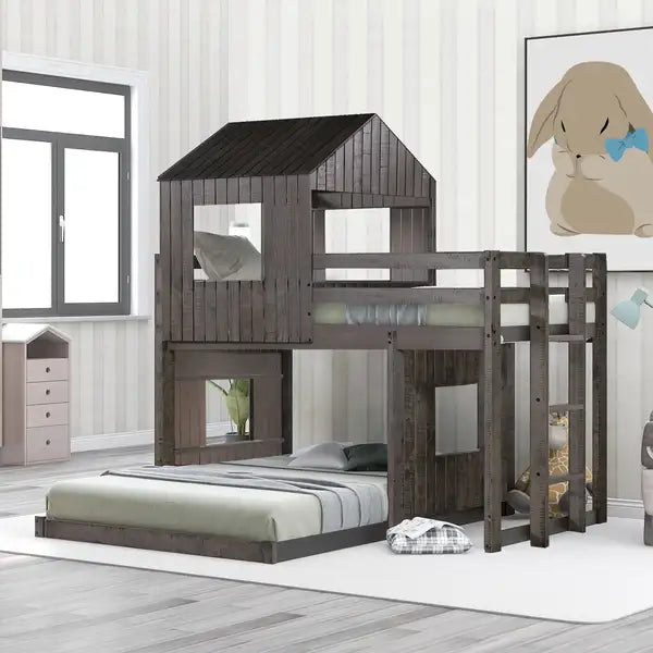 Twin Over Full Bunk Bed with Playhouse | Farmhouse Loft Bed | Antique Gray