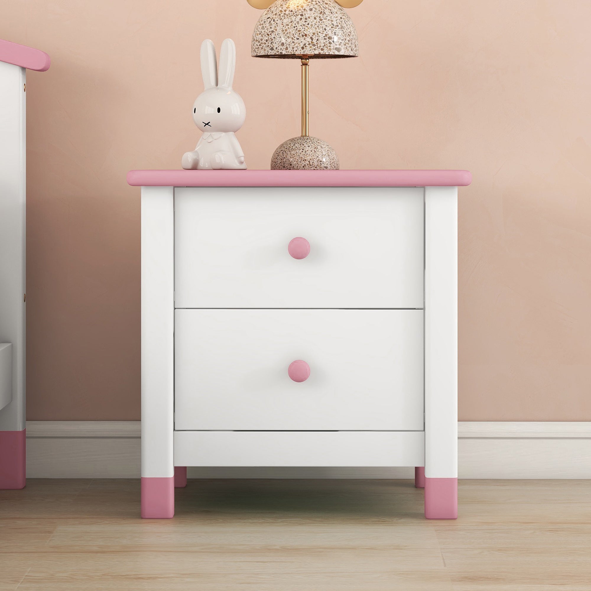 Kids White & Pink Wooden Nightstand with 2 Drawers - Bedroom End Table