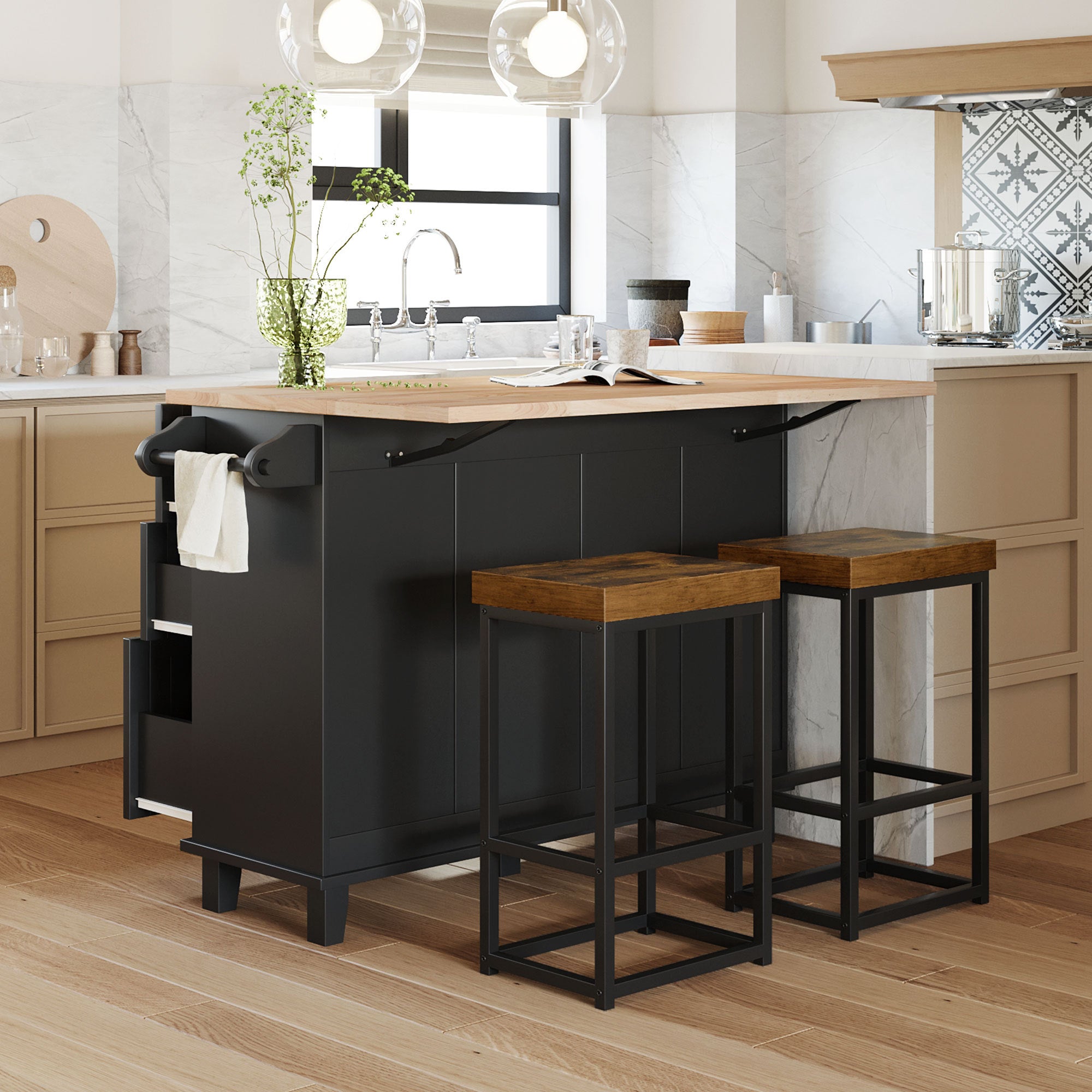 Farmhouse Kitchen Island with Drop Leaf, 2 Seats, Storage, Black & Rustic Brown