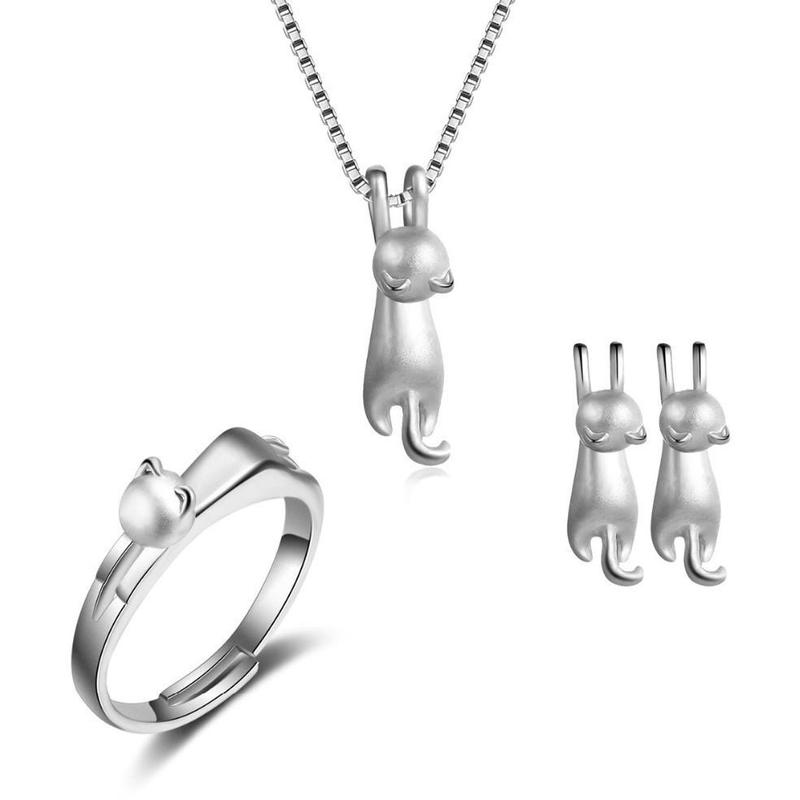 Cute Cat Jewelry Set: Ring, Earrings, Necklace