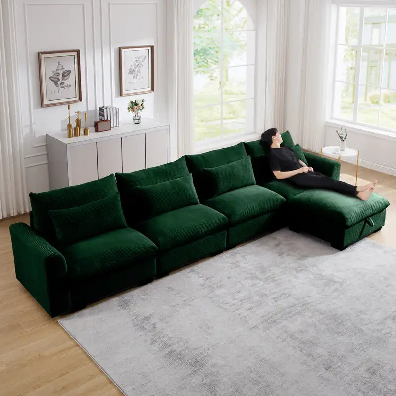 L-Shaped Corduroy Sectional Sofa with Storage - Green