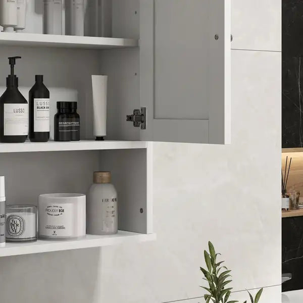 White Farmhouse Bathroom Wall Cabinet with Shelves - Storage Organizer