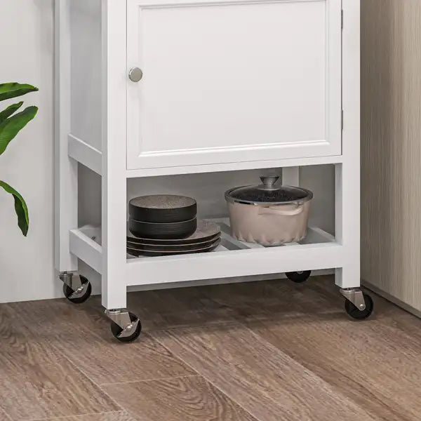 White Rolling Kitchen Cart with Butcher Block Top & Storage - HOMCOM