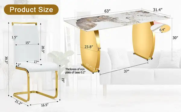 Modern Dining Table & Chair Set - Gold Metal Legs, Rock Plate Top, Stable & Stylish - Minihomy