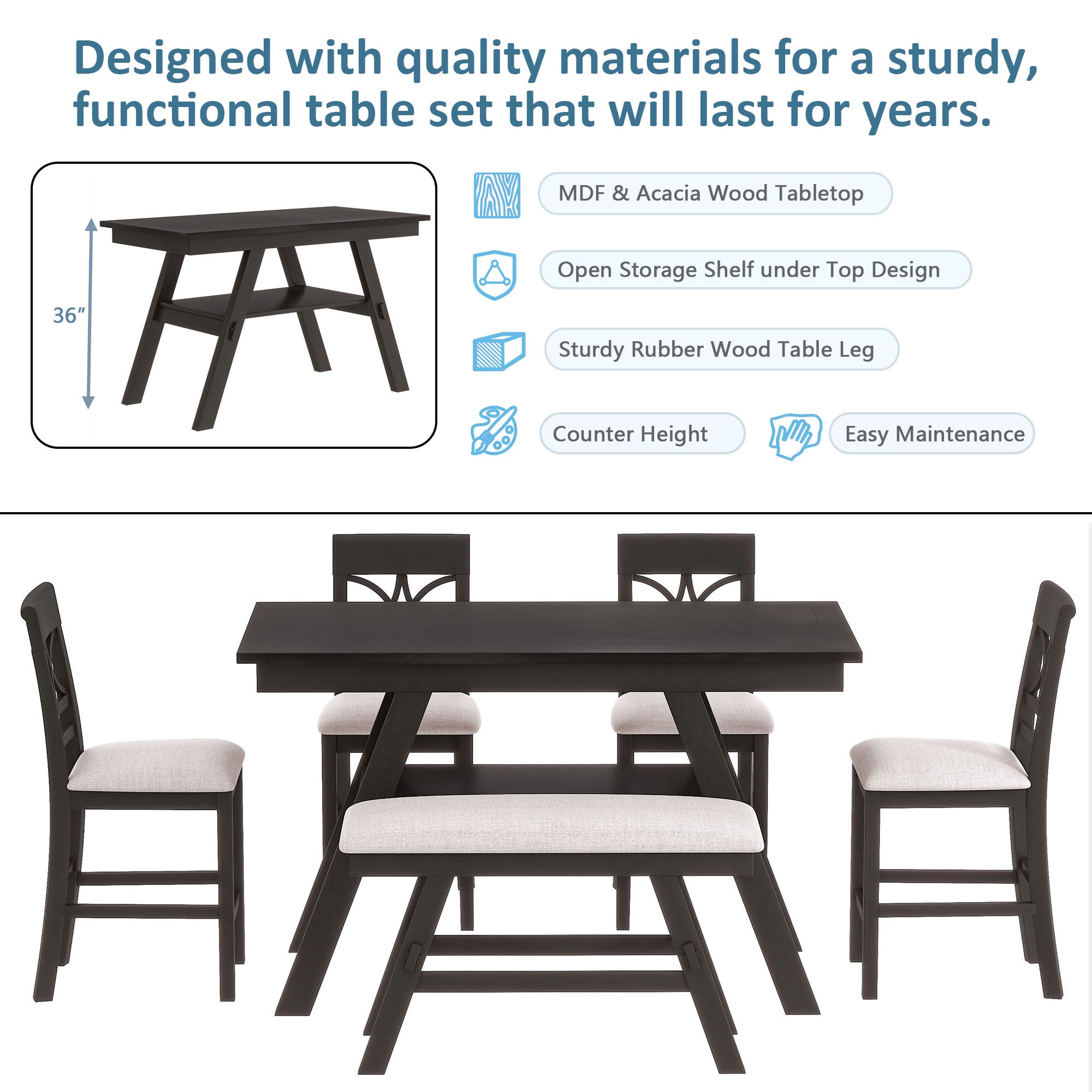 6-Piece Wood Counter Height Dining Set with Storage Shelf - Rustic Espresso & Beige Cushion