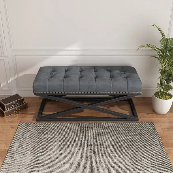 44" Retro Metal Base Bed Bench with Vegan Leather (Dark Grey)