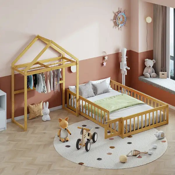 Kids Wooden Floor Bed with Fence Railings, Dress Up Rack & Detachable House Headboard - Full Size, Natural