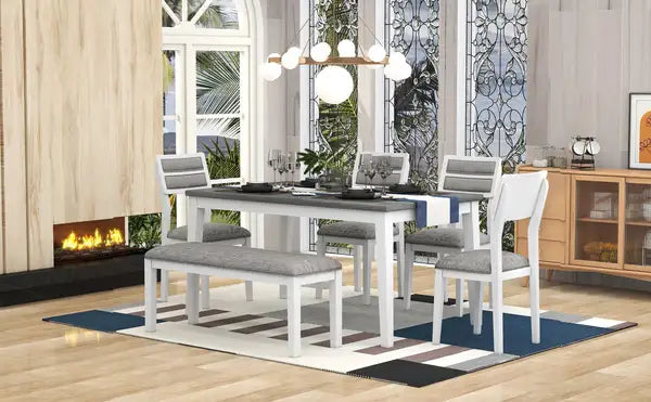 6-Piece Dining Set with Table, Chairs & Bench - Classic White & Gray - TREXM - Minihomy