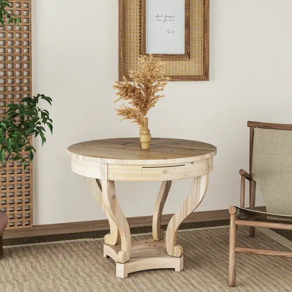 Small Round Farmhouse Dining Table with Curved Legs - Natural Wood Grain Distressed - End, Side, or Coffee Table