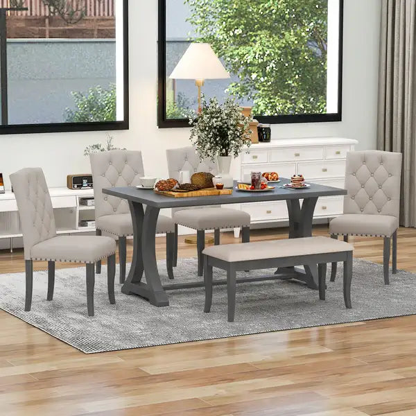 TREXM Farmhouse Dining Set - 6 Piece, Rectangular Trestle Table, 4 Upholstered Chairs & Bench (Antique Gray)