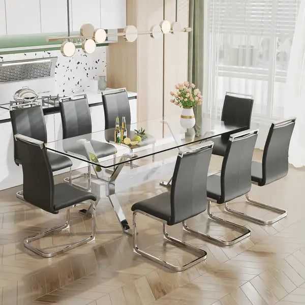 Modern Glass Dining Table with Silver Legs - 79" x 39" x 30" - Home & Office Use - Minihomy