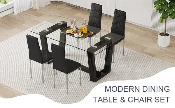 Modern Dining Table and Chair Set - Tempered Glass Top, Black MDF Stand, 4 PU Chairs - Minihomy