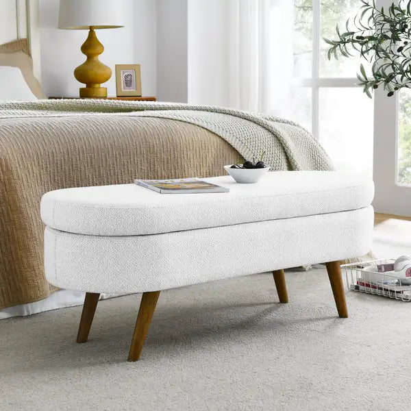 White Ottoman Storage Bench with Rubberwood Legs - 43.5"x16"x16"