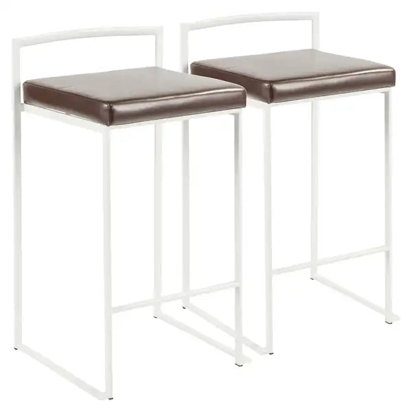 LumiSource Fuji White Counter Stools - Set of 2, Stackable, Faux Leather