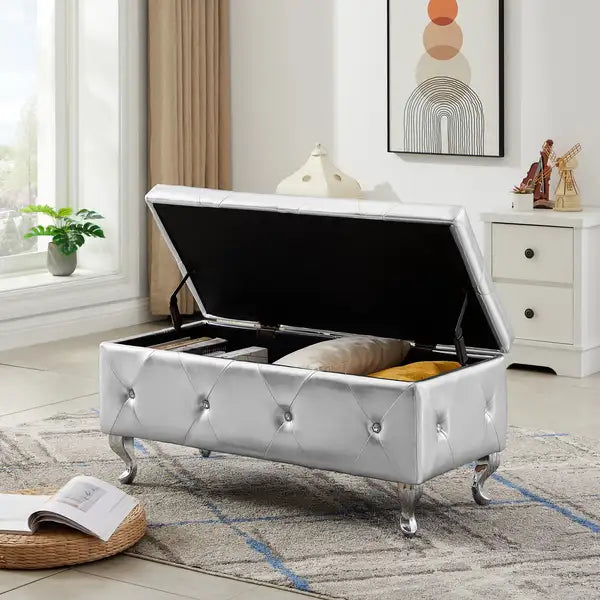 Storage Bench with Flip Top & Padded Seat - 250 lbs Capacity - Silver PU