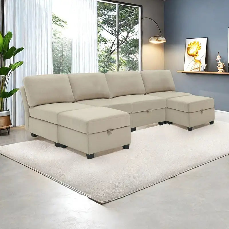 Beige Modular Linen Sectional Sofa with Storage & Adjustable Backs