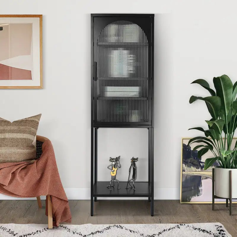 Black Arched Kitchen Credenza - Tempered Glass, Adjustable Shelves