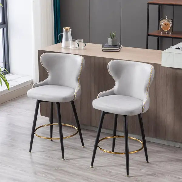 2-Pack Light Gray Modern Bar Stools, 25" Counter Height, Swivel, Tufted Gold Nailhead Trim, Metal Legs - Minihomy