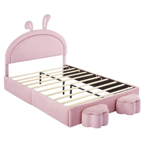 Full Size Upholstered Rabbit Bed with Storage Stools, Pink Velvet Platform Bed with Ears Headboard - Minihomy