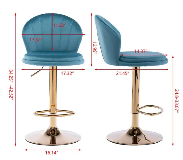 Adjustable Swivel Bar Stools (Set of 2) - Chrome Footrest, Velvet Upholstery, Golden Legs, Baby Blue - Minihomy