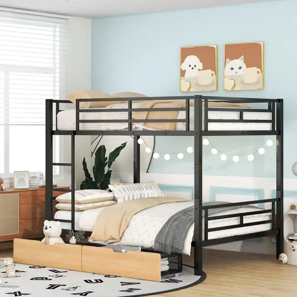 Full Size Metal Convertible Bunk Bed with 2 Drawers - Black - Minihomy