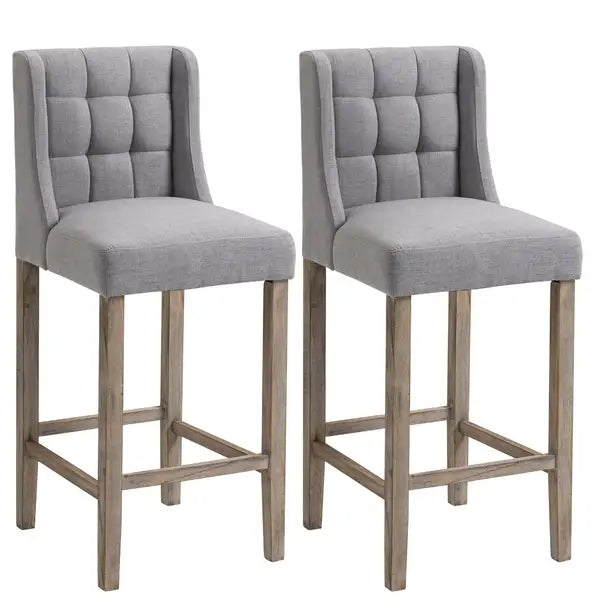 Grey Tufted Bar Stools Set of 2 - Modern Kitchen Pub Chairs with Back