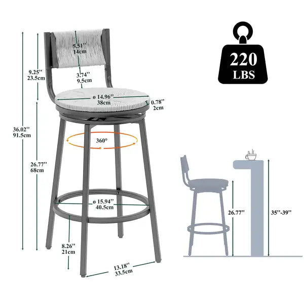 Creamy White Swivel Bar Stools - Set of 2 - Hand Woven Paper Rope Dining Chairs for Kitchen Counter - Minihomy