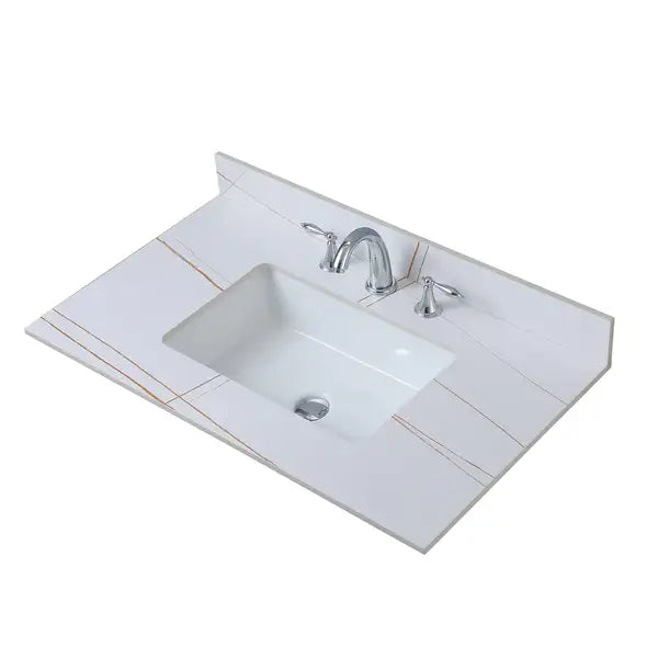 37" Montary Bathroom Vanity Top with Undermount Sink, White Gold Stone, 3 Faucet Holes