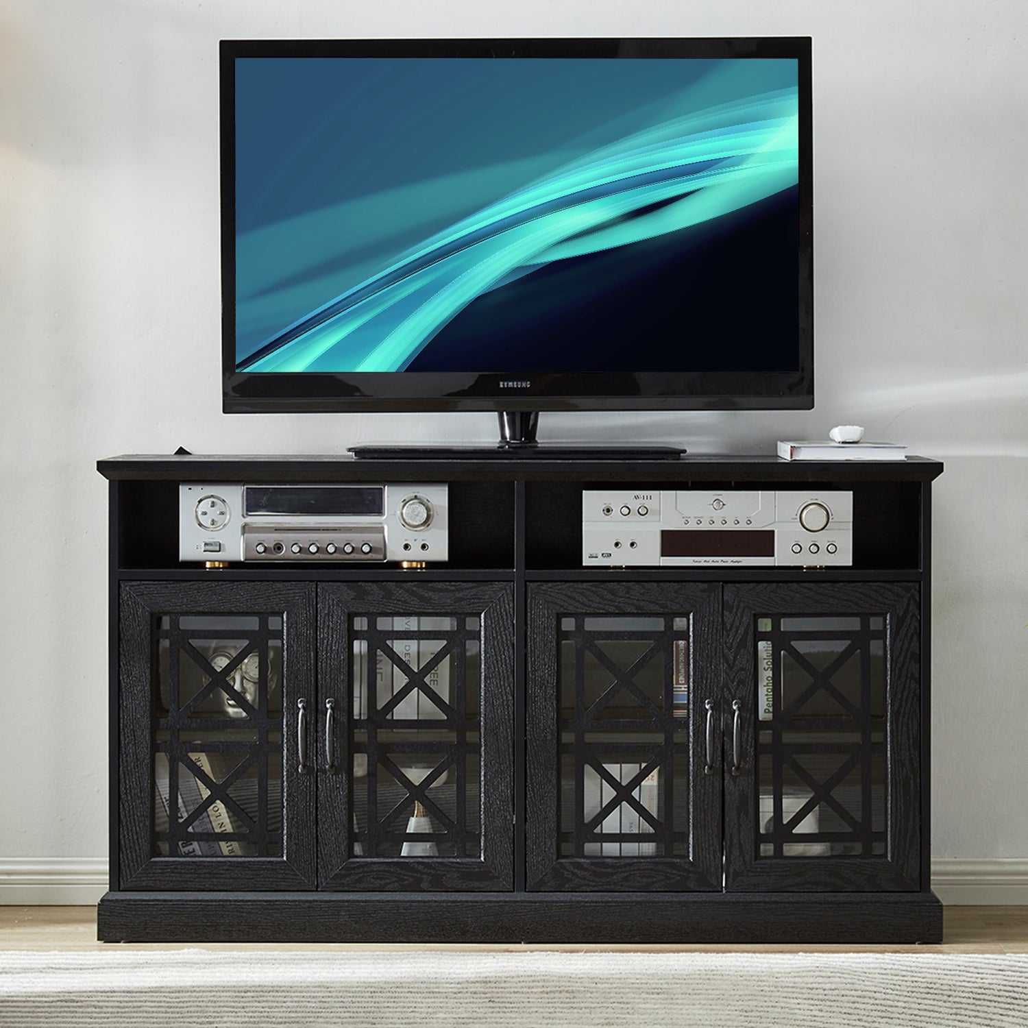 53" TV Console Cabinet with Storage, Black Wood Grain Finish