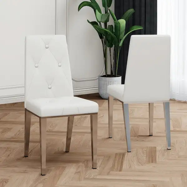 Modern Dining Chairs Set of 2, White PU Leather, Electroplated Legs, Home Bedroom Stool - Minihomy