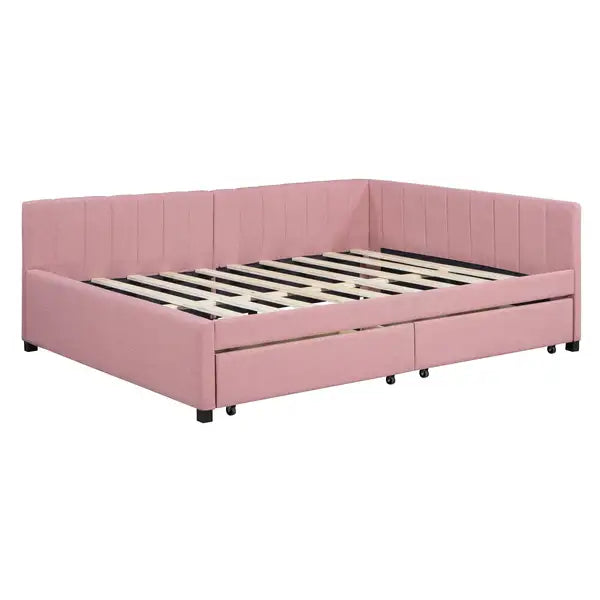 Full Size Upholstered Daybed with Storage Drawers - Linen Fabric (Pink) - Minihomy