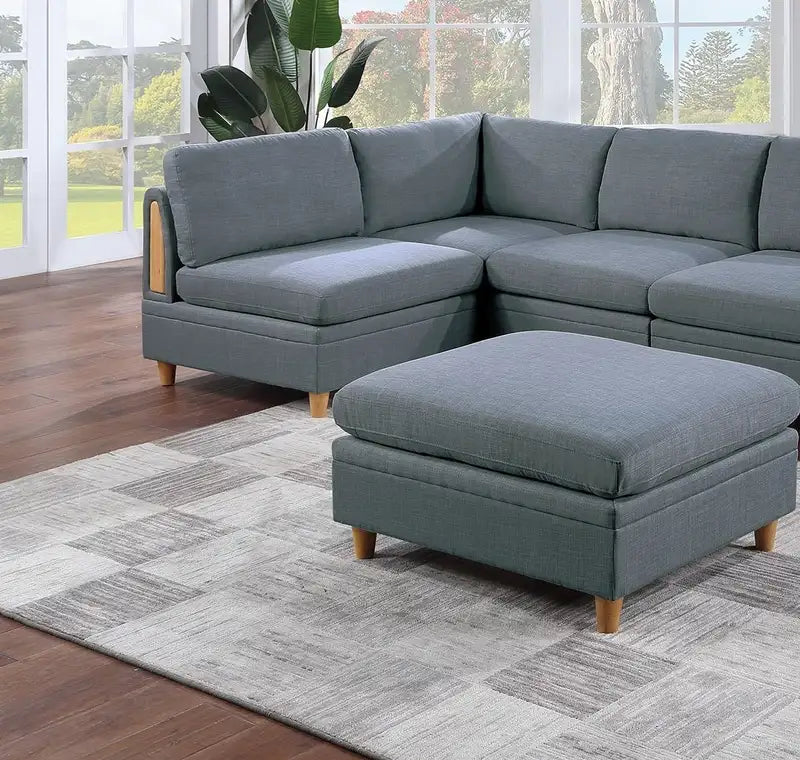 Modular Sectional Sofa Set, 6pc Steel Dorris Fabric Couch & Ottoman