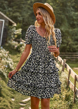 Women's Boho Floral Square Neck Short Sleeve Dress - Summer Fashion