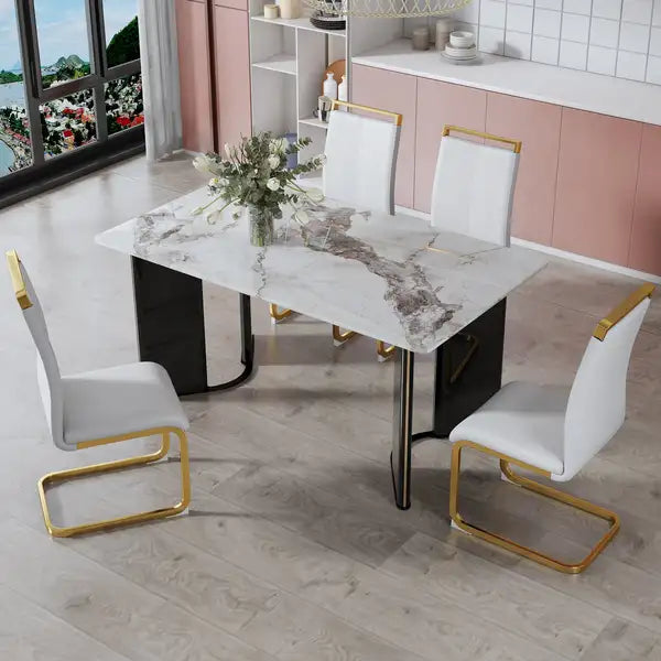 White Marble Table & 4 Gold Metal Chairs with PU Cushions - HH1162