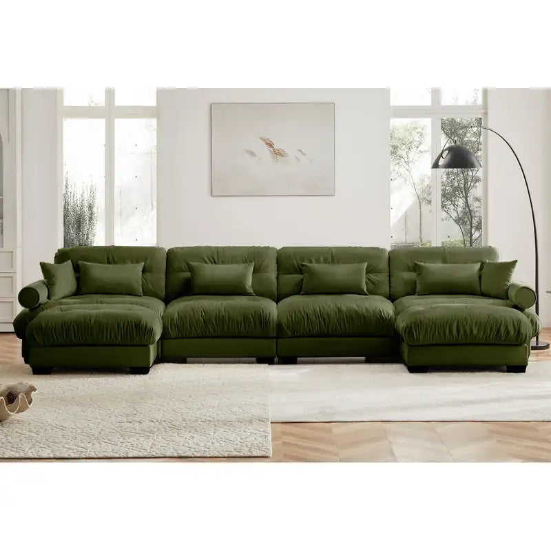 Olive Green Velvet U-Shaped Sectional Sofa with Ottomans