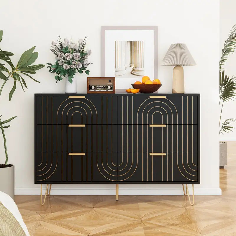 Modern 6-Drawer Dresser with Metal Handles & Carving - Bedroom Storage