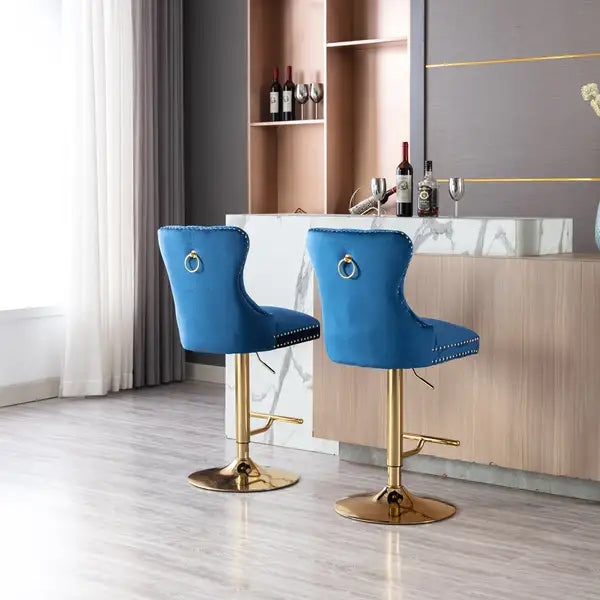 2-Piece Velvet Bar Stools Set | Adjustable Counter Height, Tufted Back, Blue & Gold - Minihomy