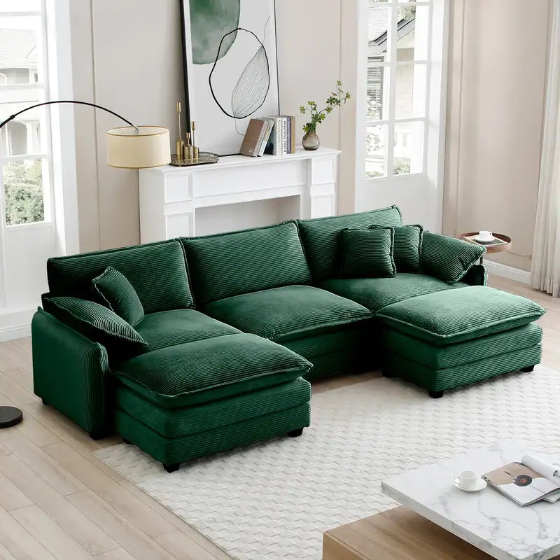 Oversized Modular Corduroy Sofa with Ottoman & 2 Footstools - Green