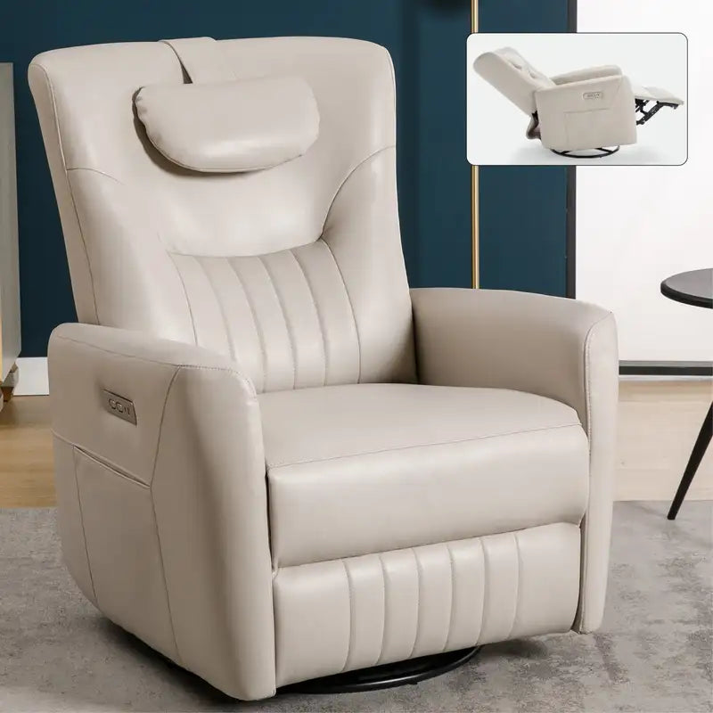 Beige Grey Leather Power Recliner Chair - Swivel, Rocker, Lumbar & Neck Support, USB/Type-C