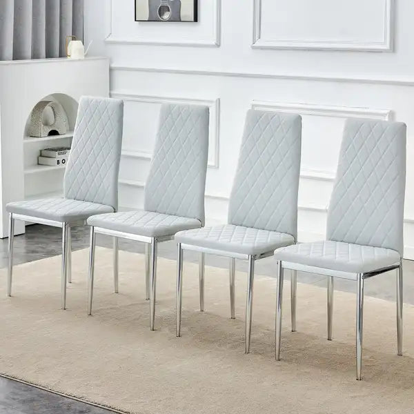 4-Piece Checkered Dining Chairs Set | High Back, Armless, Light Gray, Metal Legs - Office & Home - Minihomy