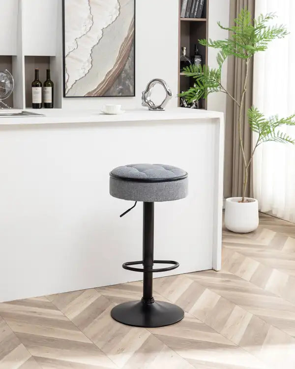 Grey Linen Height Adjustable Swivel Bar Stools (Set of 2) - Counter Height, Armless, Metal Frame - Minihomy