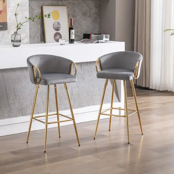 2-Pack 30 Inch Bar Stools, Velvet Seat, Chrome Base & Golden Legs - Gray - Minihomy