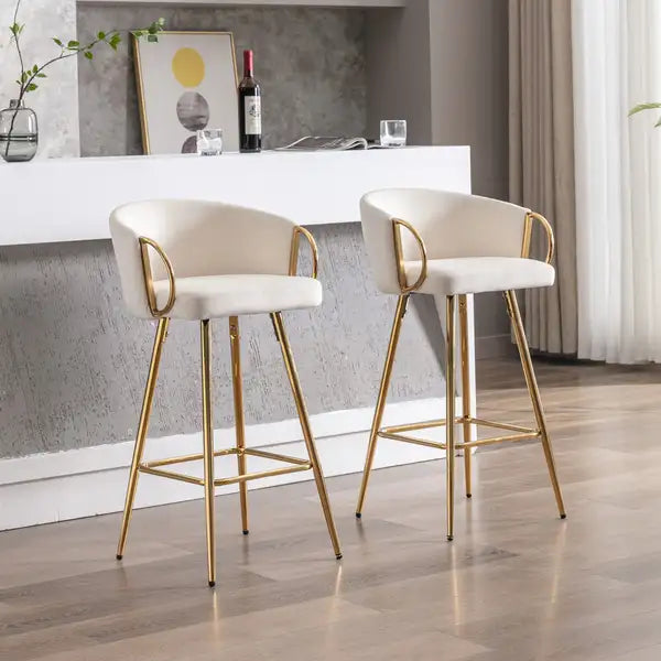 Set of 2 Velvet Bar Stools, 30 Inch, Chrome Footrest & Gold Legs, Cream