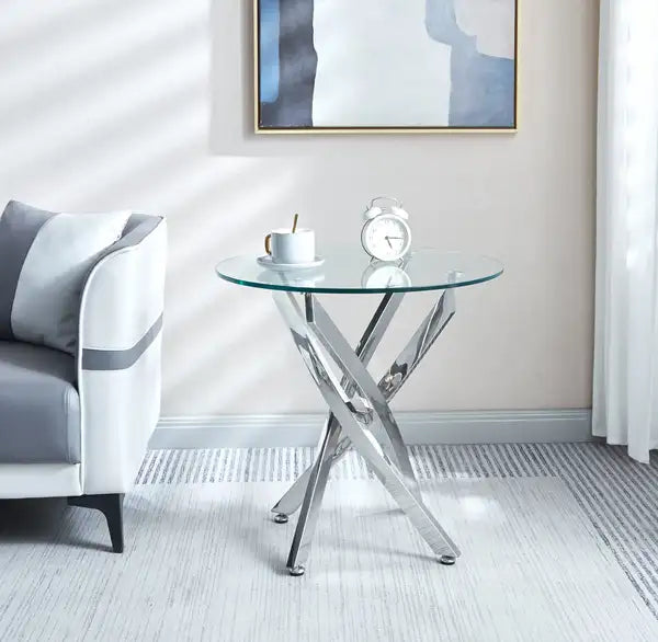 Round Glass End Table - Modern Tempered Glass & Steel Legs