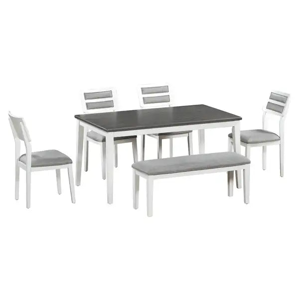 6-Piece Dining Set with Table, Chairs & Bench - Classic White & Gray - TREXM - Minihomy