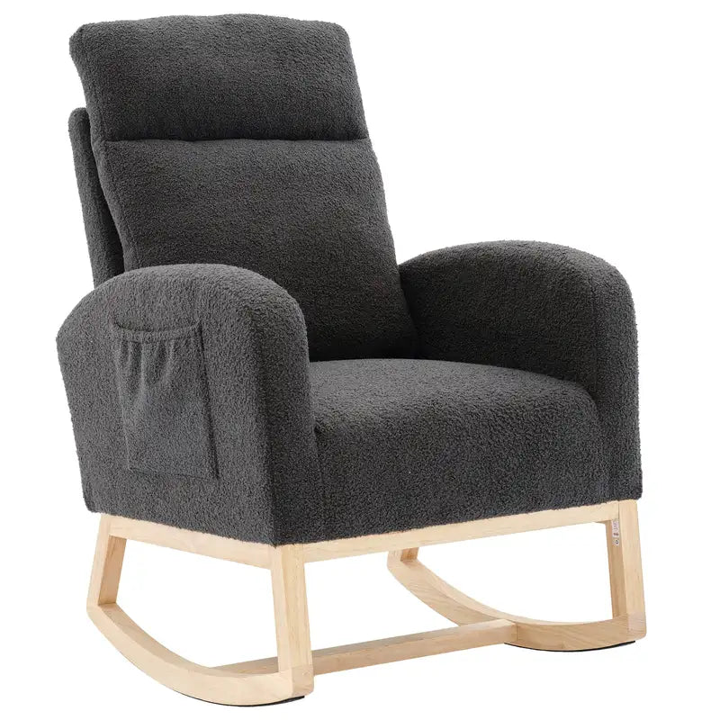 Modern Upholstered Rocking Chair with Side Pocket - Dark Grey Teddy