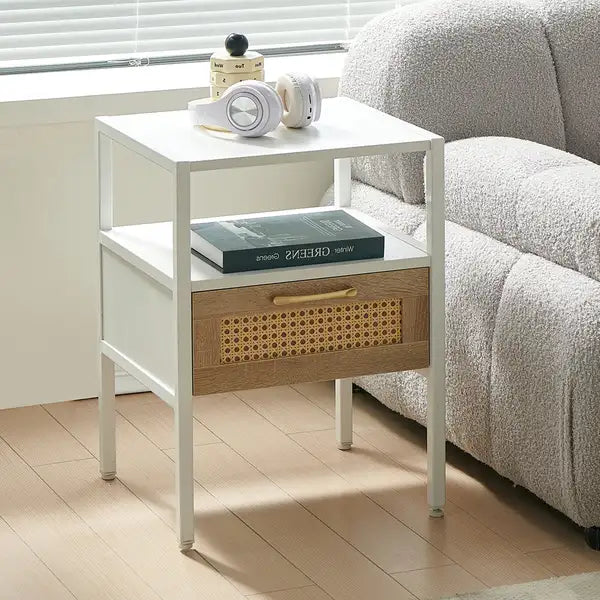 15.75" Rattan End table with  drawer, Modern nightstand, metal legs,side table for living room, bedroom,white(1 pc) - Minihomy